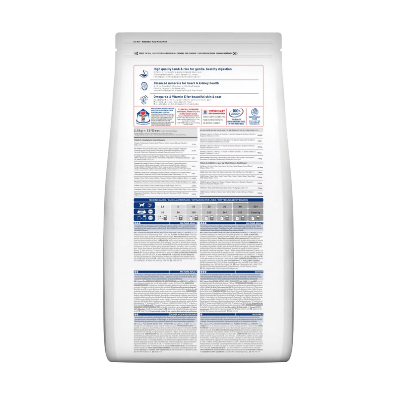 Back view of bag of Hills Science Plan dry dog food packaged in a white bag on white background.  