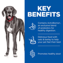 Picture of an adult grey Great Dane pictured next to a blue section with white text stating 'Key Benefits, Contains ActivBiome+ an exclusive blend of probiotics for healthy digestion, Delicious food with oats & barley to help your pet feel their best, Promotes healthy stool'. 
