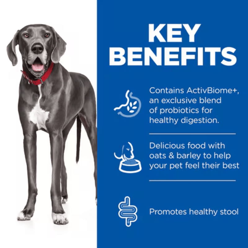 Picture of an adult grey Great Dane pictured next to a blue section with white text stating 'Key Benefits, Contains ActivBiome+ an exclusive blend of probiotics for healthy digestion, Delicious food with oats & barley to help your pet feel their best, Promotes healthy stool'. 