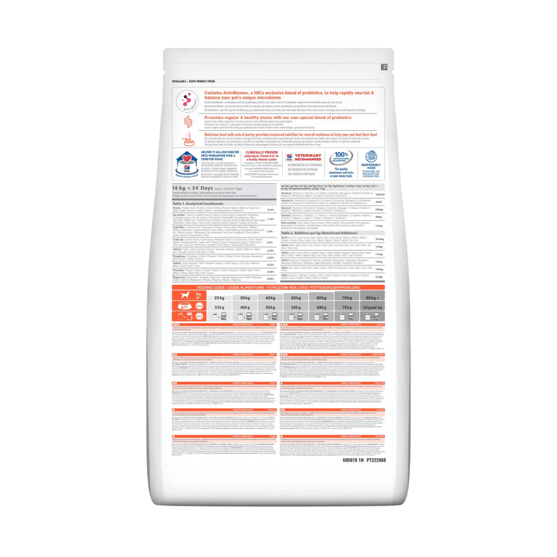 Back view of bag of Hills Science Plan dry dog food packaged in a white bag on white background.  