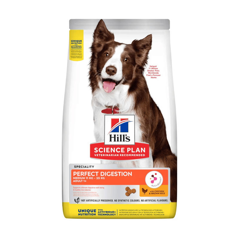 Hills Science Plan dry dog food packaged in a white bag with an adult brown and white collie dog pictured on the bag. Text on bag say 'Hill's Science Plan, veterinarian recommended' and 'Perfect Digestion, Medium 11kg - 25kg, Adult 1+' with a chicken pictured with text 'with chicken & brown rice' beneath on white background. 
