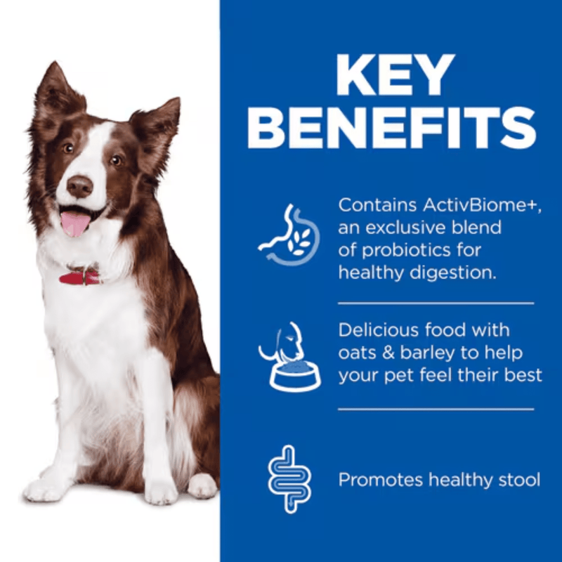 Picture of an adult brown and white collie dog pictured next to a blue section with white text stating 'Key Benefits, Contains ActivBiome+ an exclusive blend of probiotics for healthy digestion, Delicious food with oats & barley to help your pet feel their best, Promotes healthy stool'. 
