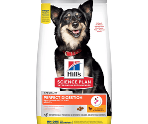 Hills Science Plan dry dog food packaged in a white bag with a small adult black and brown dog pictured on the bag. Text on bag say 'Hill's Science Plan, veterinarian recommended' and 'Perfect Digestion, Adult 1+' with a chicken pictured with text 'with chicken & brown rice' beneath on white background. 