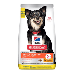 Hills Science Plan dry dog food packaged in a white bag with a small adult black and brown dog pictured on the bag. Text on bag say 'Hill's Science Plan, veterinarian recommended' and 'Perfect Digestion, Adult 1+' with a chicken pictured with text 'with chicken & brown rice' beneath on white background. 