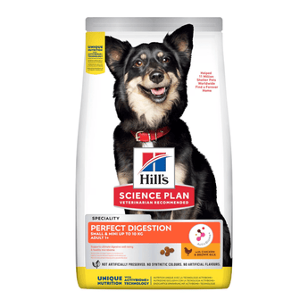 Hills Science Plan dry dog food packaged in a white bag with a small adult black and brown dog pictured on the bag. Text on bag say 'Hill's Science Plan, veterinarian recommended' and 'Perfect Digestion, Adult 1+' with a chicken pictured with text 'with chicken & brown rice' beneath on white background. 