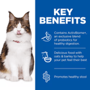 Picture of an adult tabby and white cat pictured next to a blue section with white text stating 'Key Benefits, Contains ActivBiome+ an exclusive blend of probiotics for healthy digestion, Delicious food with oats & barley to help your pet feel their best, Promotes healthy stool'. 