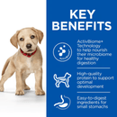 Picture of a Golden Labrador puppy pictured next to a blue section with white text stating 'Key Benefits, ActivBiome+ Technology to help nourish their microbiome for healthy digestion, High-quality protein to support optimal development, Easy-to-digest ingredients for small stomachs'.