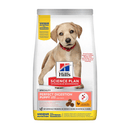 Hills Science Plan dry dog food packaged in a white bag with a Golden Labrador puppy pictured on the bag. Text on bag say 'Hill's Science Plan, veterinarian recommended' and 'Perfect Digestion, Large, Puppy <1' with a chicken pictured with text 'with chicken & brown rice' beneath on white background. 