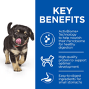 Picture of an Black and tan puppy pictured next to a blue section with white text stating 'Key Benefits, ActivBiome+ Technology to help nourish their microbiome for healthy digestion, High-quality protein to support optimal development, Easy-to-digest ingredients for small stomachs'.