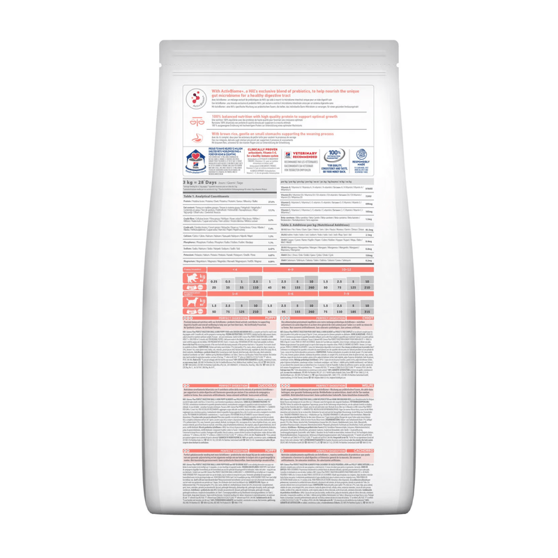 Back view of bag of Hills Science Plan dry dog food packaged in a white bag on white background.