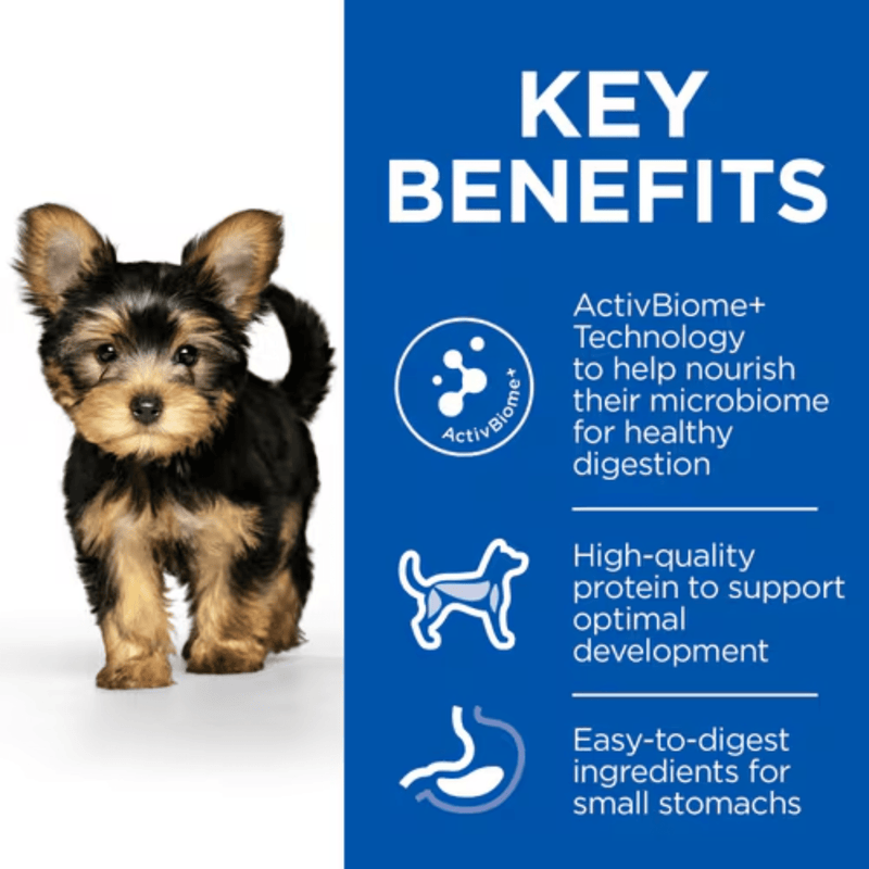 Picture of an Yorkshire terrier puppy pictured next to a blue section with white text stating 'Key Benefits, ActivBiome+ Technology to help nourish their microbiome for healthy digestion, High-quality protein to support optimal development, Easy-to-digest ingredients for small stomachs'.