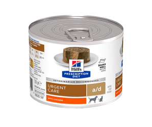 Hills Prescription dog food tin with a bowl full of food pictured on the label, text reads 'Urgent Care, A/D' and 'with chicken' on a white background. 