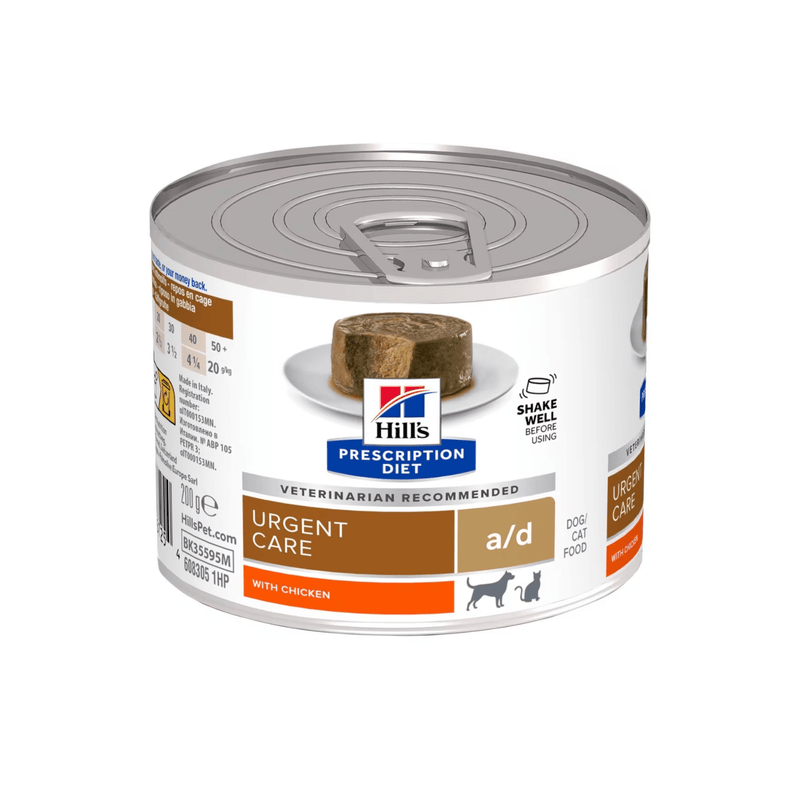 Hills Prescription dog food tin with a bowl full of food pictured on the label, text reads 'Urgent Care, A/D' and 'with chicken' on a white background. 