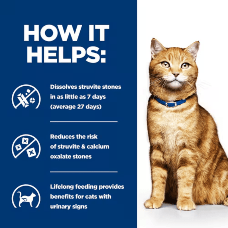 Picture of an adult ginger tabby cat pictured next to a blue section with white text stating 'How it helps: Dissolves struvite stones in as little as 7 days (average 27 days), Reduces the risk of struvite & calcium oxalate stones, Lifelong feeding provides benefits for cats with urinary signs.'