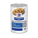 Hills Prescription dog food tin with a spoon full of food pictured on the label, text reads 'Derm Complete' and 'Skin care & food sensitivities' and 'Original' on a white background. 