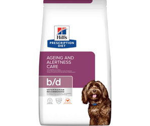 Hills Prescription Diet Ageing and Alertness Care dry dog food packaged in a white bag with a brown adult dog pictured on the bag. Text on bag says 'Hill's Prescription Diet, Ageing and Alertness Care' and 'B/D, Veterinarian recommended' pictured on white background. 