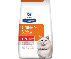 Hills Prescription Diet C/D Urinary Care Chicken flavour dry cat food packaged in a white bag with an adult long haired white tabby cat pictured on the bag. Text on bag says 'Hill's Prescription Diet, Kidney + Mobility' and 'C/D Multi care Stress, Veterinarian recommended' pictured on white background.