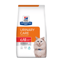 Hills Prescription Diet C/D Urinary Care Fish flavour dry cat food packaged in a white bag with an adult long haired white tabby cat pictured on the bag. Text on bag says 'Hill's Prescription Diet, Kidney + Mobility' and 'C/D Multi care Stress, Veterinarian recommended' pictured on white background.