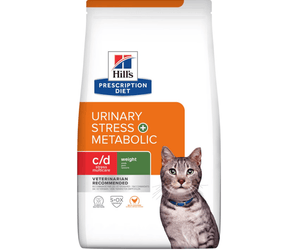 Hills Prescription Diet Urinary Stress +Metabolic dry cat food with Chicken packaged in a white bag with an adult silver tabby cat pictured on the bag. Text on bag says 'Hill's Prescription Diet, Urinary Stress + Metabolic' and 'C/D Stress Multicare, Weight, Veterinarian recommended' pictured on white background. 