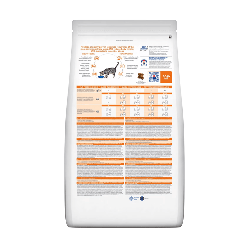 Back view of bag of Hills Prescription Diet Urinary Stress + Metabolic dry cat food with Chicken packaged in a white bag on white background.