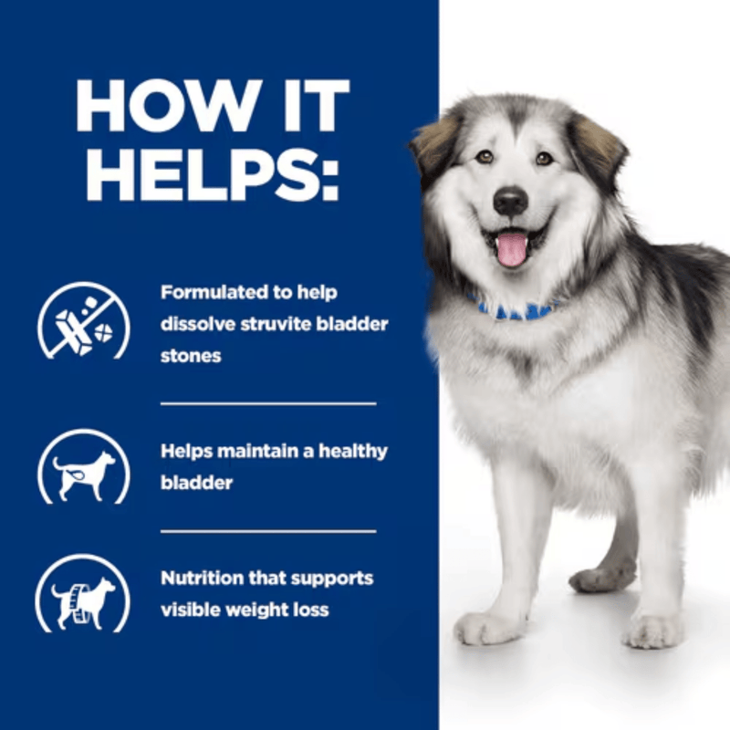 Picture of an adult black and white dog pictured next to a blue section with white text stating 'How it helps: Formulated to help dissolve struvite bladder stones, Helps maintain a healthy bladder, Nutrition that supports visible weight loss.'