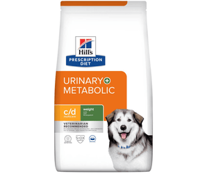 Hills Prescription Diet Urinary + Metabolic dry dog food packaged in a white bag with an adult black and white dog pictured on the bag. Text on bag says 'Hill's Prescription Diet, Urinary + Metabolic' and 'C/D Multicare Weight, Veterinarian recommended' pictured on white background. 