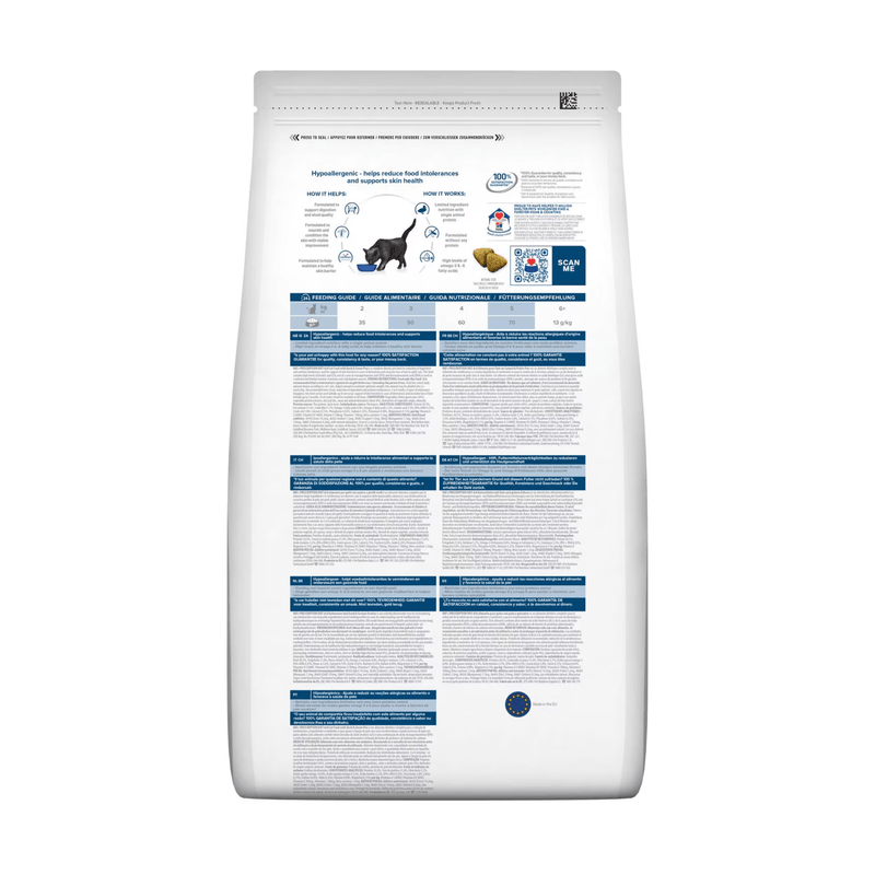 Back view of bag of Hills Prescription Diet D/D dry cat food packaged in a white bag on white background.