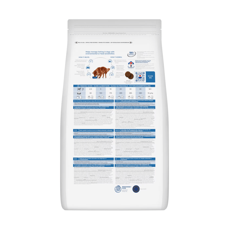 Back view of bag of Hills Prescription Diet Derm Complete dry food packaged in a white bag on white background.