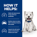 Picture of a white adult West Highland terrier dog pictured next to a blue section with white text stating 'How it helps: Visible skin improvement in dogs with food sensitivities, Nutrition shown to reduce night scratching & improve sleep quality, Supports the skin barrier against environmental irritants year-round.'