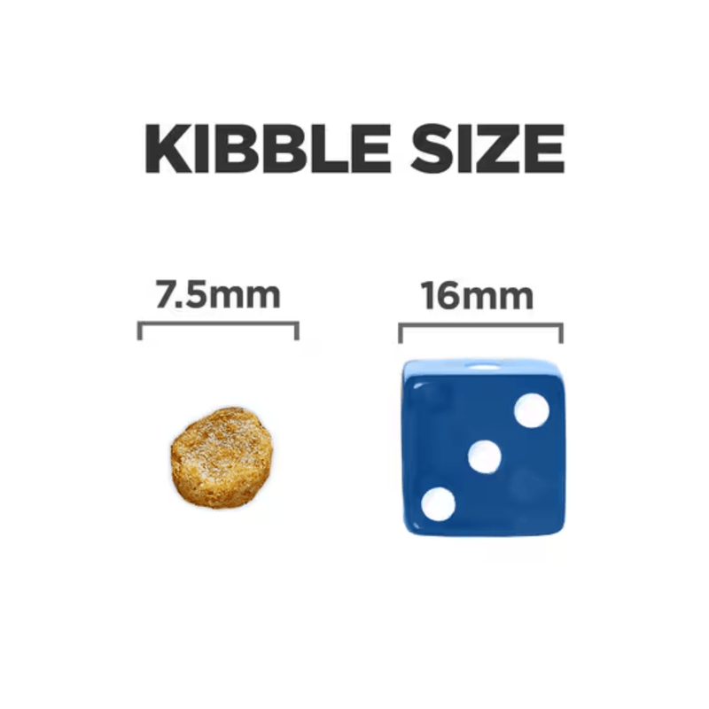 Dog kibble pictured next to a blue dice with text above 'Kibble size.' '7.5mm' is shown above kibble, '16mm' shown above the dice. 