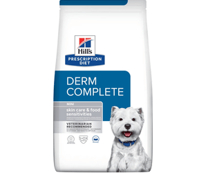 Hills Prescription Diet Urinary Care dry dog food packaged in a white bag with a white adult West Highland terrier dog pictured on the bag. Text on bag says 'Hill's Prescription Diet, Derm Complete' and 'Mini, Skin care & food sensitivities, Veterinarian recommended' pictured on white background. 