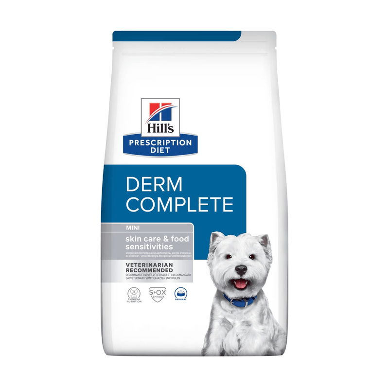 Hills Prescription Diet Urinary Care dry dog food packaged in a white bag with a white adult West Highland terrier dog pictured on the bag. Text on bag says 'Hill's Prescription Diet, Derm Complete' and 'Mini, Skin care & food sensitivities, Veterinarian recommended' pictured on white background. 