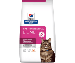 Hills Prescription Diet Gastrointestinal Biome Digestive/Fibre Care dry cat food packaged in a white bag with an adult brown tabby cat pictured on the bag. Text on bag says 'Hill's Prescription Diet, Gastrointestinal Biome' and 'Digestive/Fibre care, Veterinarian recommended' pictured on white background. 