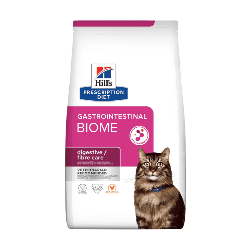 Hills Prescription Diet Gastrointestinal Biome Digestive/Fibre Care dry cat food packaged in a white bag with an adult brown tabby cat pictured on the bag. Text on bag says 'Hill's Prescription Diet, Gastrointestinal Biome' and 'Digestive/Fibre care, Veterinarian recommended' pictured on white background. 