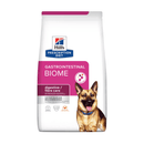 Hills Prescription Diet Gastrointestinal Biome dry dog food packaged in a white bag with an adult German Shepherd pictured on the bag. Text on bag says 'Hill's Prescription Diet, Gastrointestinal Biome' and Digestive/ fibre care, Veterinarian recommended' pictured on white background. 