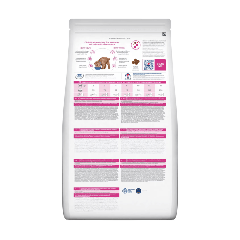 Back view of bag of Hills Prescription Diet Gastrointestinal Biome Mini dry food packaged in a white bag on white background.