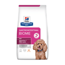 Hills Prescription Diet Gastrointestinal Biome dry dog food packaged in a white bag with an brown adult toy poodle-type pictured on the bag. Text on bag says 'Hill's Prescription Diet, Gastrointestinal Biome' and 'Mini, digestive/ fibre care, Veterinarian recommended' pictured on white background. 