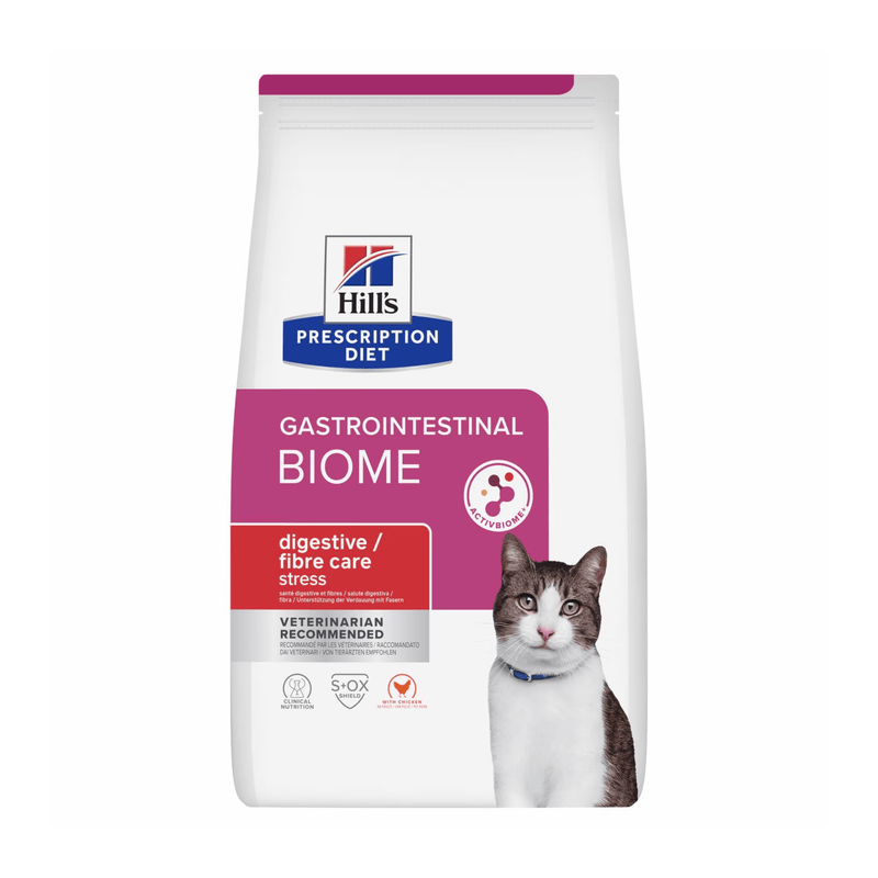 Hills Prescription Diet Gastrointestinal Biome dry cat food packaged in a white bag with an adult brown tabby and white cat pictured on the bag. Text on bag says 'Hill's Prescription Diet, Gastrointestinal Biome' and 'Digestive/Fibre care, Stress, Veterinarian recommended' pictured on white background. 
