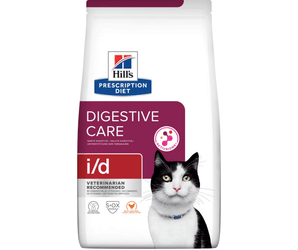 Hills Prescription Diet I/D Digestive Care dry cat food packaged in a white bag with an adult black and white cat pictured on the bag. Text on bag says 'Hill's Prescription Diet, Digestive Care' and 'I/D, Veterinarian recommended' pictured on white background. 