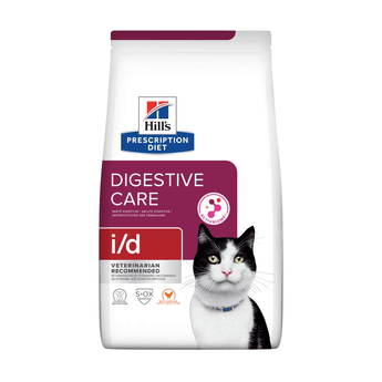 Hills Prescription Diet I/D Digestive Care dry cat food packaged in a white bag with an adult black and white cat pictured on the bag. Text on bag says 'Hill's Prescription Diet, Digestive Care' and 'I/D, Veterinarian recommended' pictured on white background. 