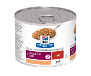 A can of Hill's Prescription Diet i/d Digestive Care wet dog food with turkey, shown on a plain white background.