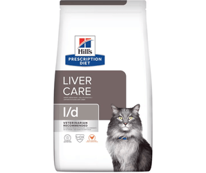 Hills Prescription Diet I/D Liver Care dry cat food packaged in a white bag with an adult long haired grey cat pictured on the bag. Text on bag says 'Hill's Prescription Diet, Liver Care' and 'I/D, Veterinarian recommended' pictured on white background. 