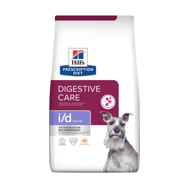 Hills Prescription Diet Digestive Care dry dog food packaged in a white bag with a schnauzer dog pictured on the bag. Text on bag says 'Hill's Prescription Diet, Digestive Care' and 'I/D low fat, Veterinarian recommended' pictured on white background. 
