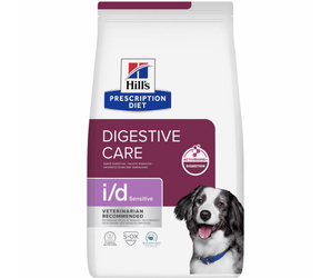 Hills Prescription Diet Digestive Care Sensitive dry dog food packaged in a white bag with a black and white collie dog pictured on the bag. Text on bag says 'Hill's Prescription Diet, Digestive Care' and 'I/D Sensitive, Veterinarian recommended' pictured on white background.
