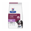 Hills Prescription Diet Digestive Care Sensitive dry dog food packaged in a white bag with a black and white collie dog pictured on the bag. Text on bag says 'Hill's Prescription Diet, Digestive Care' and 'I/D Sensitive, Veterinarian recommended' pictured on white background.