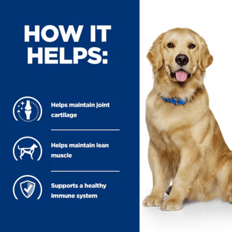 Picture of an adult Golden Retriever dog pictured next to a blue section with white text stating 'How it helps: Helps maintain joint cartilage, Helps maintain lean muscle, Supports a healthy immune system.' 