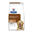 Hills Prescription Diet Mobility 'Joint Care' dry dog food packaged in a white bag with an adult Golden Retriever dog pictured on the bag. Text on bag says 'Hill's Prescription Diet, Mobility' and 'J/D, Veterinarian recommended' pictured on white background. 