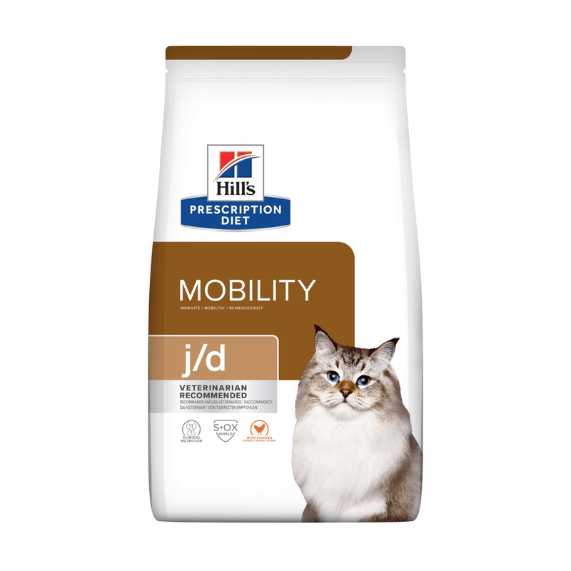 Hills Prescription Diet J/D Mobility dry cat food packaged in a white bag with an adult tabby point Siberian cat pictured on the bag. Text on bag says 'Hill's Prescription Diet, Mobility' and 'J/D, Veterinarian recommended' pictured on white background. 