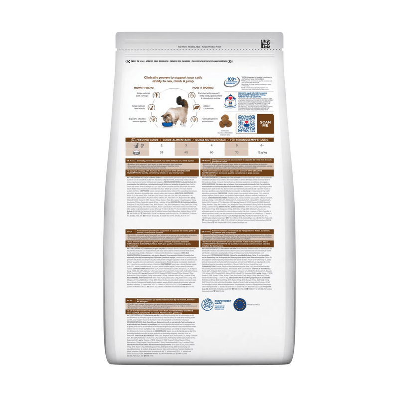 Back view of bag of Hills Prescription Diet J/D Mobility dry cat food packaged in a white bag on white background.