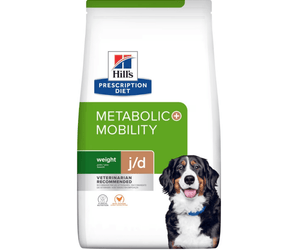 Hills Prescription Diet Digestive Care dry dog food packaged in a white bag with an adult Bernese mountain dog pictured on the bag. Text on bag says 'Hill's Prescription Diet, Metabolic +Mobility' and 'Weight J/D, Veterinarian recommended' pictured on white background. 